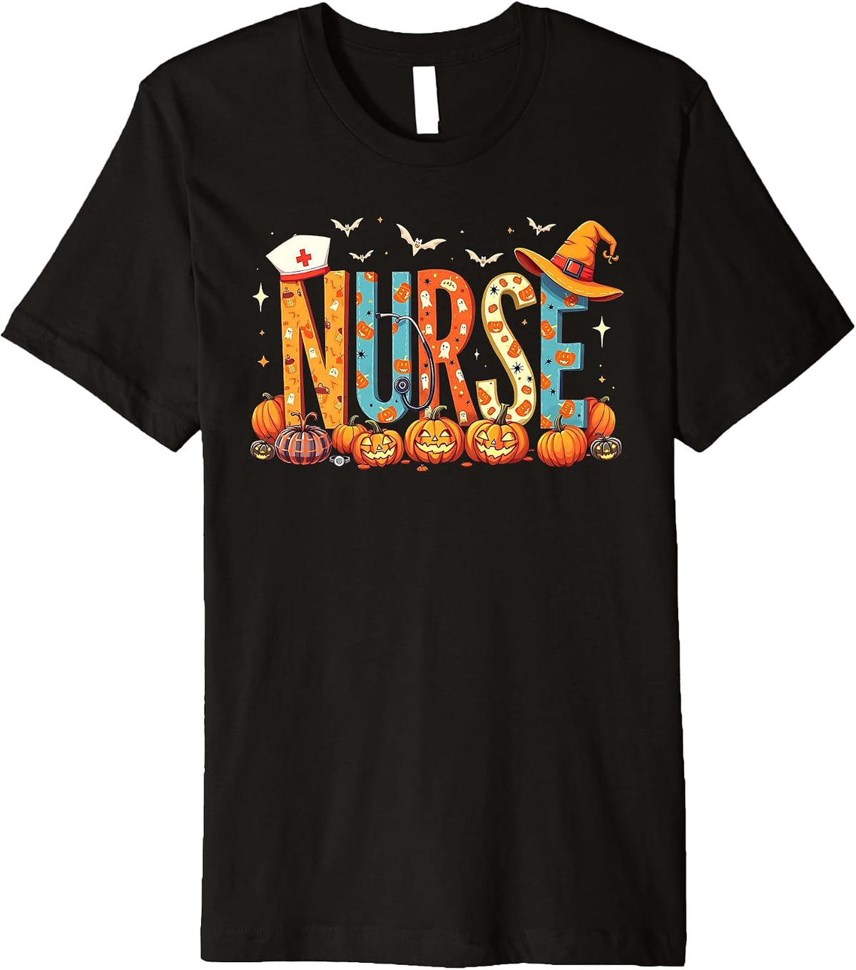 Stethoscope Nurse Pumpkin Bat Halloween Nursing Premium T-Shirt
