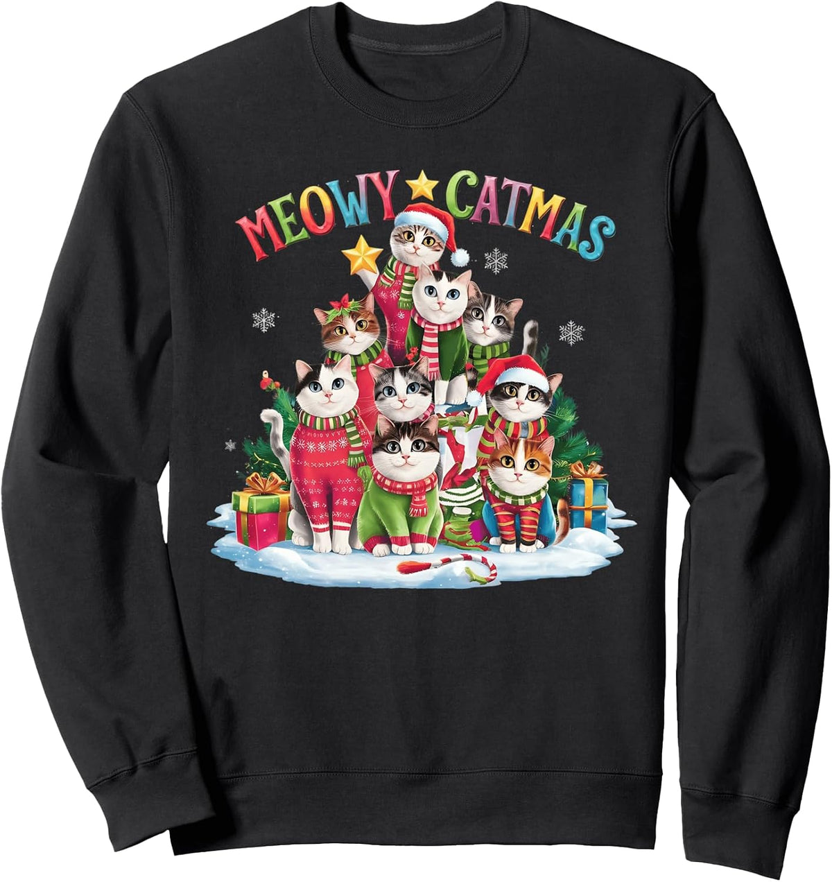 Xmas Cat Lover Meowy Catmas Cat Christmas Tree Lights Sweatshirt