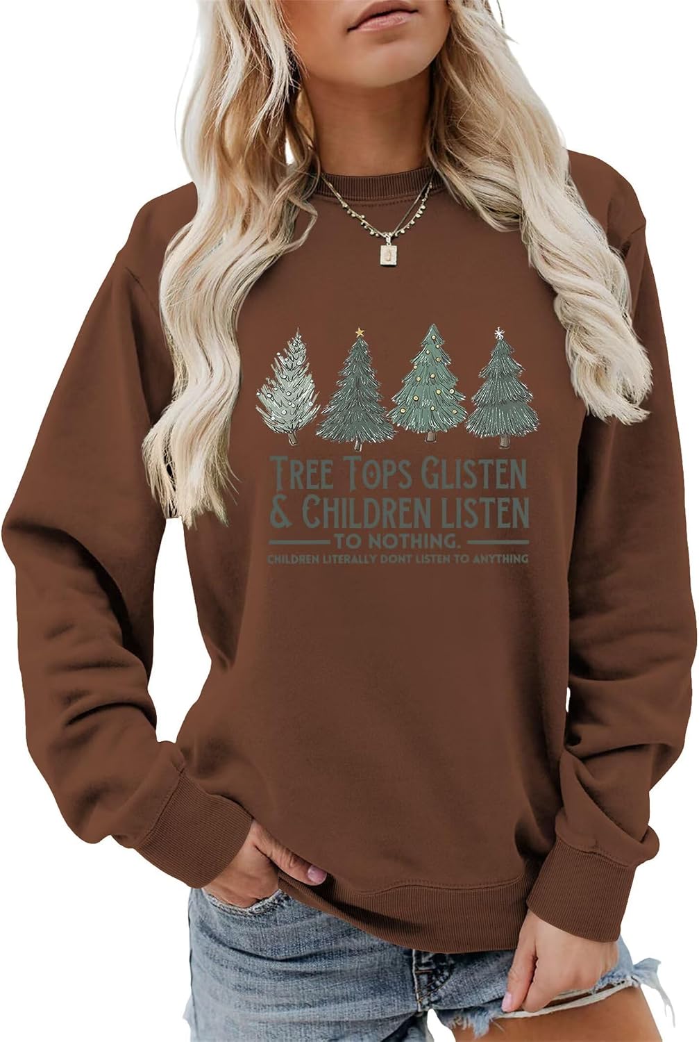 Teacher Christmas Sweatshirt Women Tree Tops Glisten Children Listen Xmas Tree Graphic Teacher Gift Shirt Top