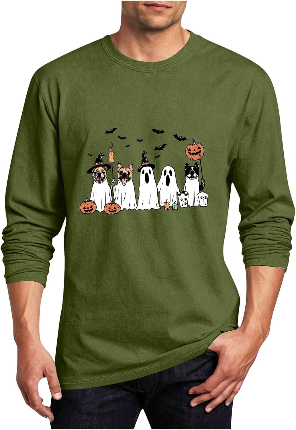 Halloween Ghost Dog Shirt Men Funny Spooky Season Long Sleeve Shirt