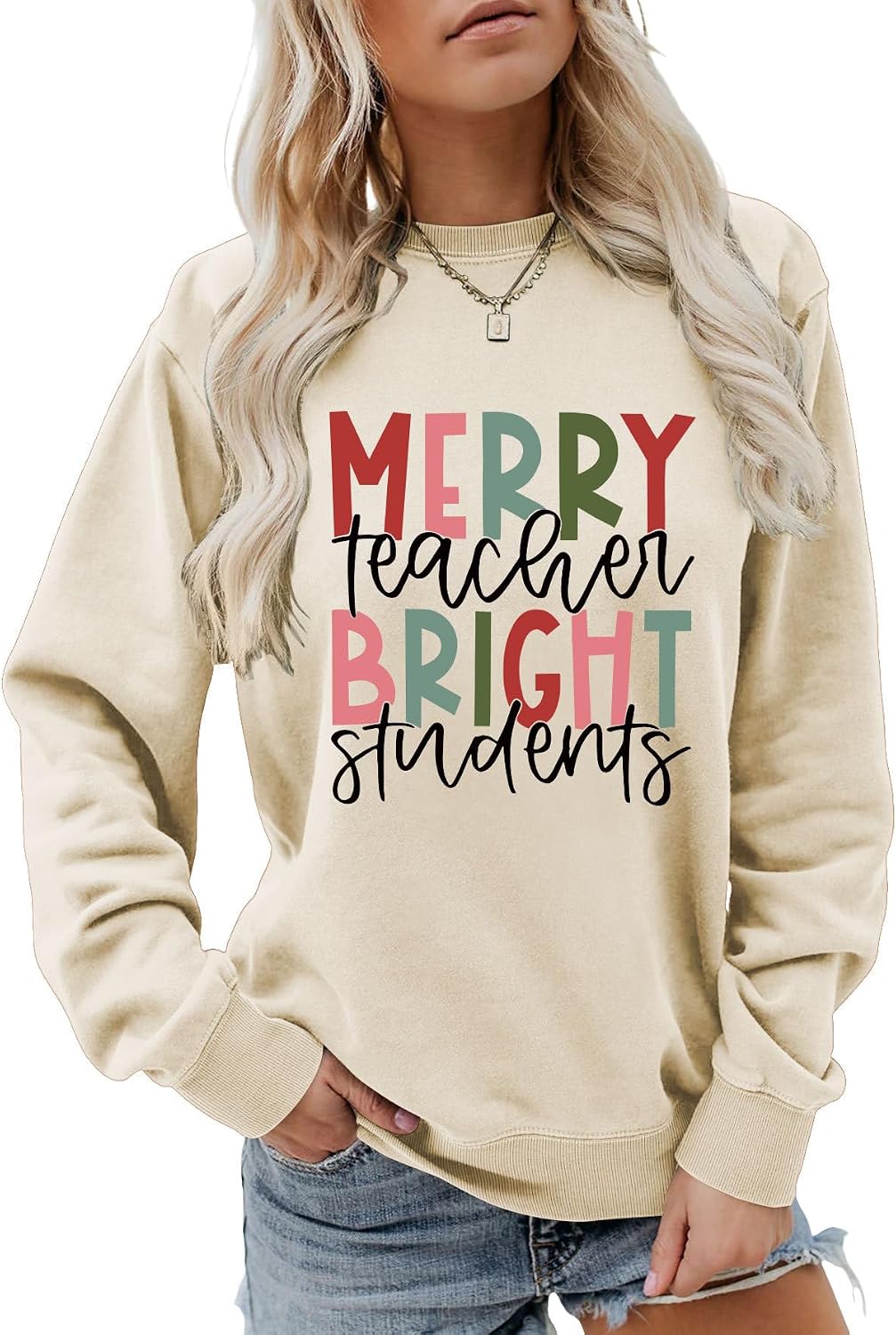 Merry Teacher Bright Students Sweatshirt For Women Christmas Teacher Shirt Crewneck Teacher Pullover Cozy Sweats