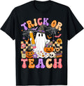 Trick Or Teach Groovy Teacher Halloween Retro Floral Ghost T-Shirt