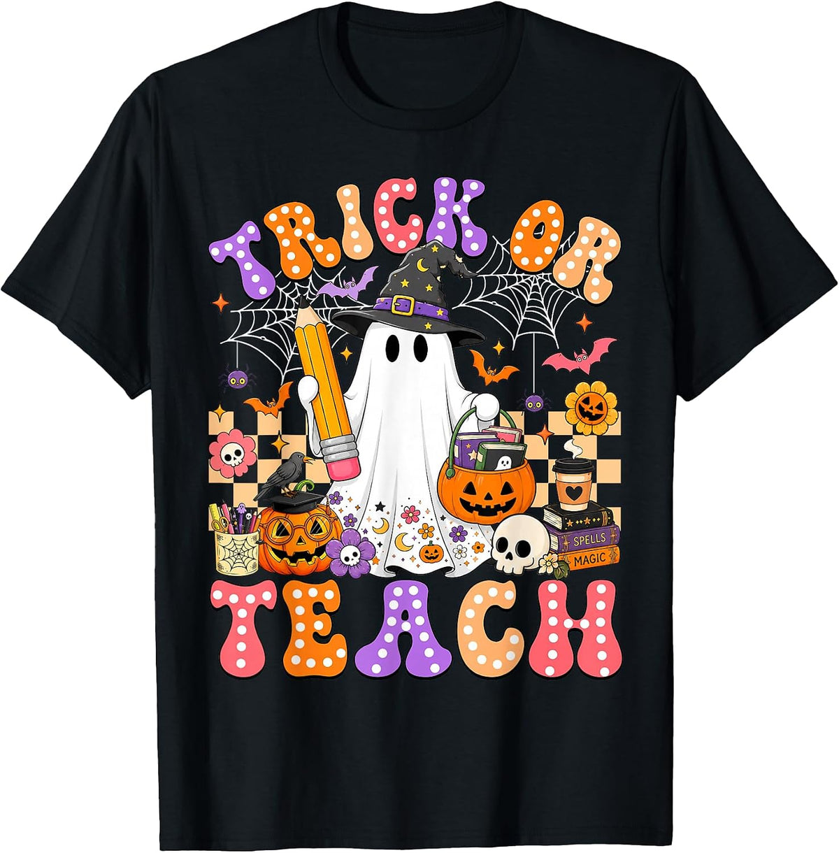 Trick Or Teach Groovy Teacher Halloween Retro Floral Ghost T-Shirt
