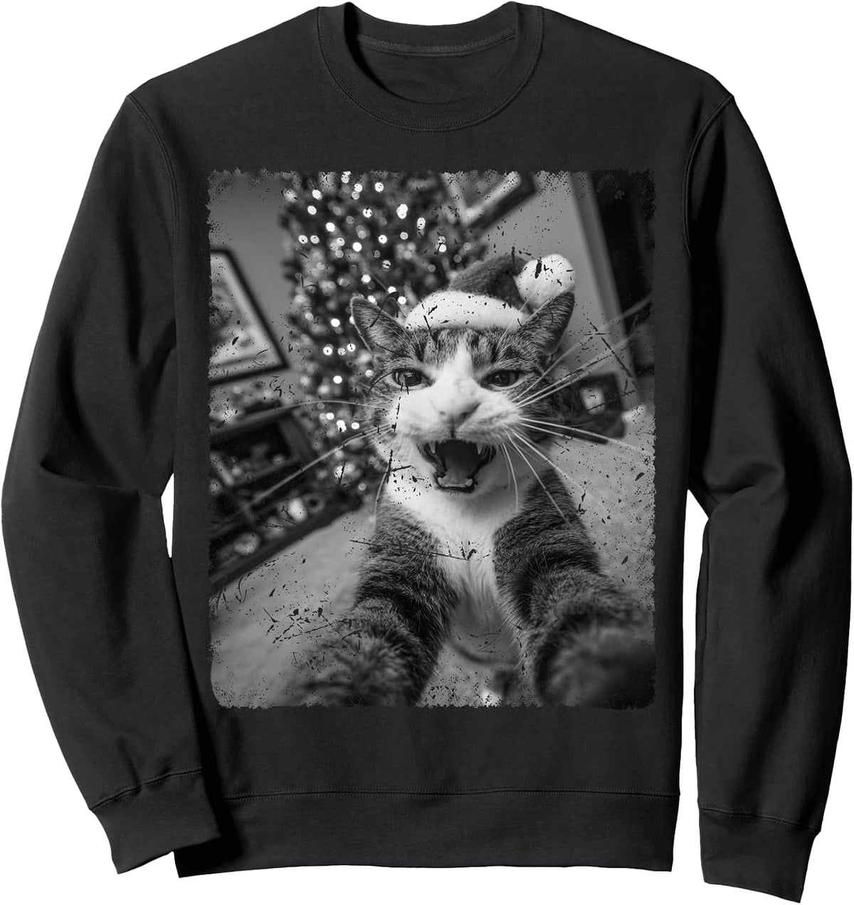 Merry Christmas Cat Selfie Black and White Sweatshirt