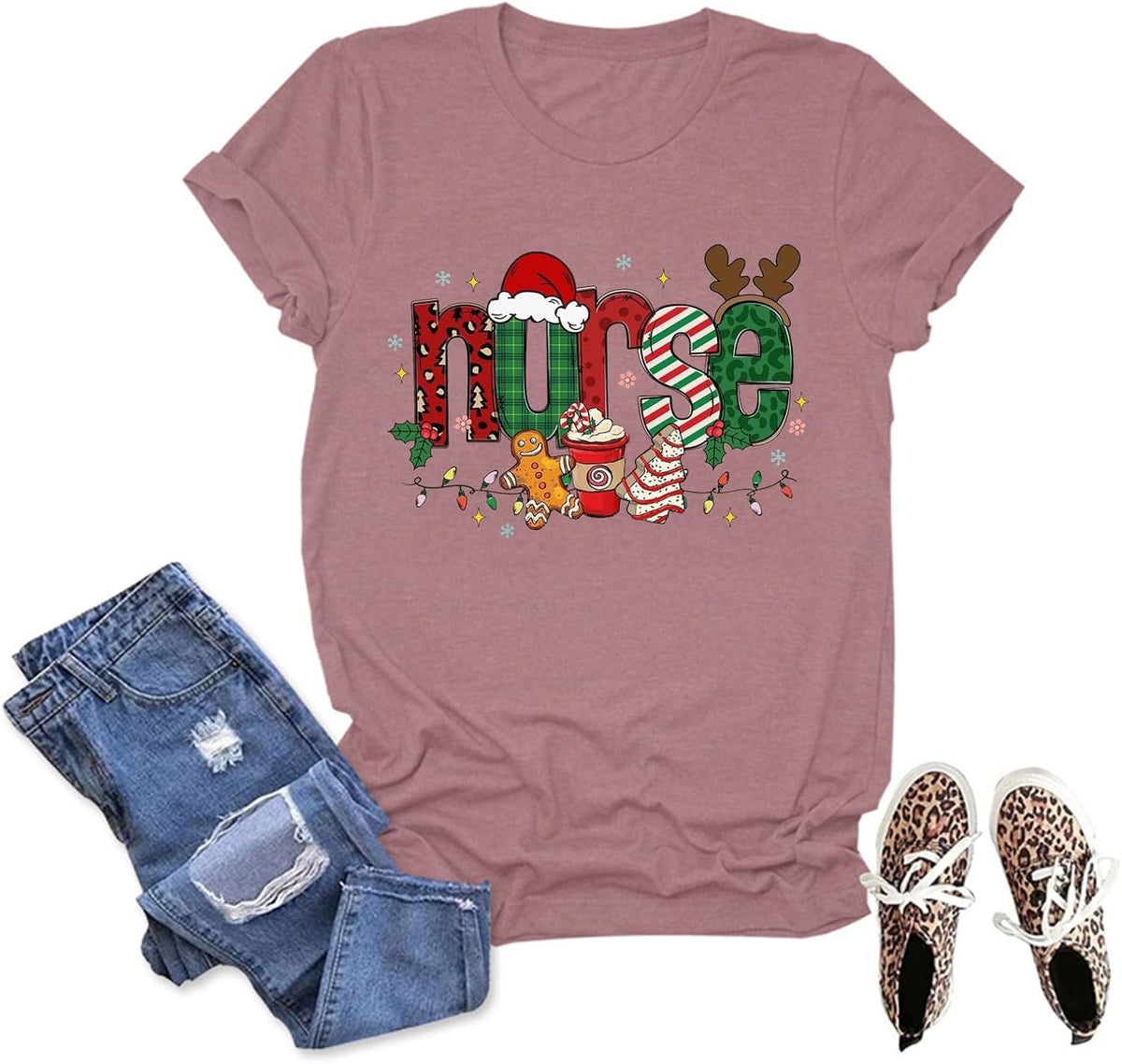 Nurse Christmas Shirts for Women Merry Xmas Casual T-Shirt RN Nursing Trendy Short Sleeve Tee Summer Tops Nurses Gift