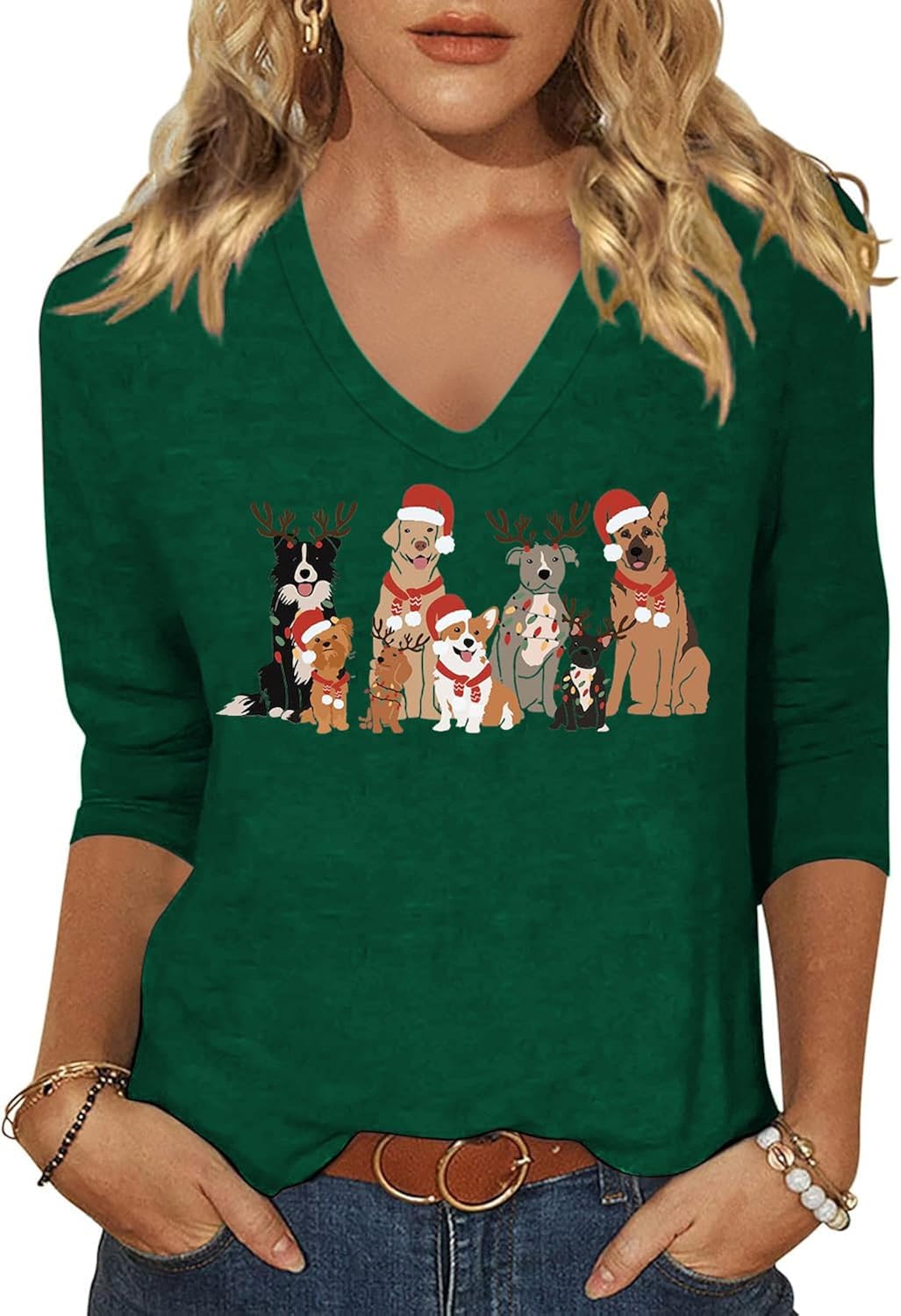Women's Christmas Graphic Print 3/4 Sleeve V-Neck Shirt