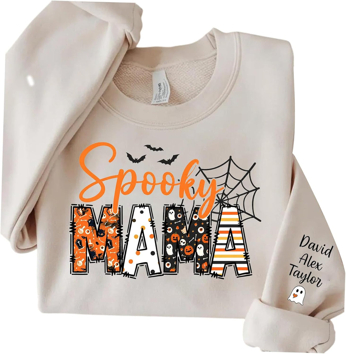 Personalized Mama Halloween Sweatshirt with Custom Kid's Names on Sleeve, Cewneck Pullover for Women