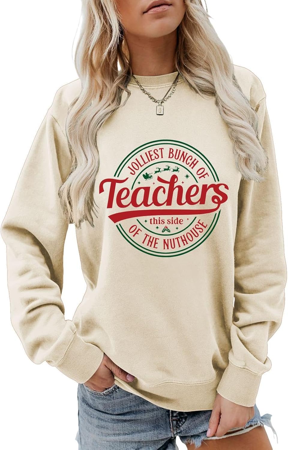 Jolliest Bunch of Teachers This Side Of The Nuthouse Sweatshirt Women Merry Christmas Teacher Crewneck Pullovers