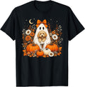 Vintage Halloween Ghost Holding Doodle Dog Retro Floral T-Shirt
