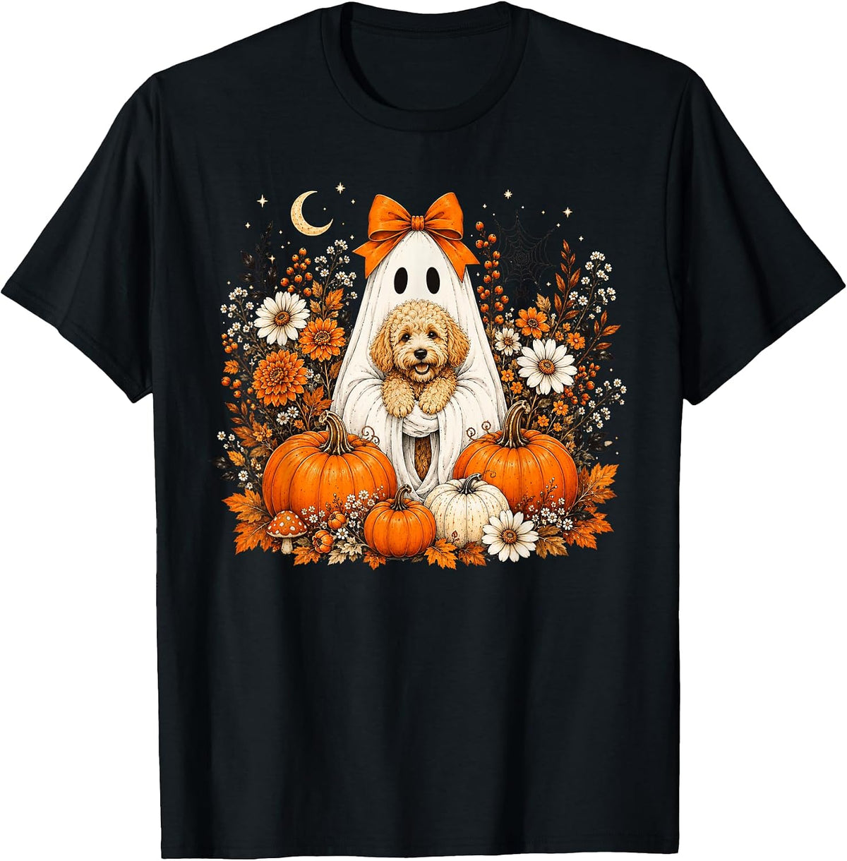 Vintage Halloween Ghost Holding Doodle Dog Retro Floral T-Shirt