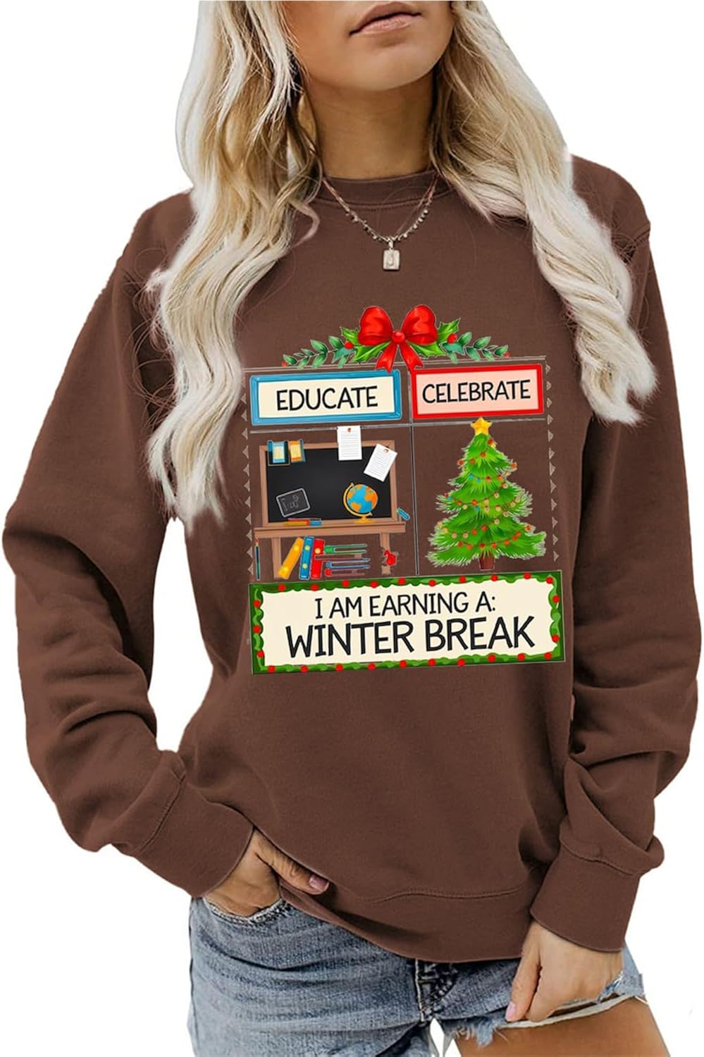 Teacher Christmas Sweatshirt First Educate Then Celebrate Winter Break Long Sleeve Shirt Xmas Holiday Tops
