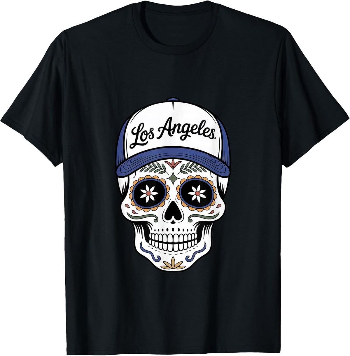 Los Angeles Mexican Sugar Skull Blue White Design T-Shirt