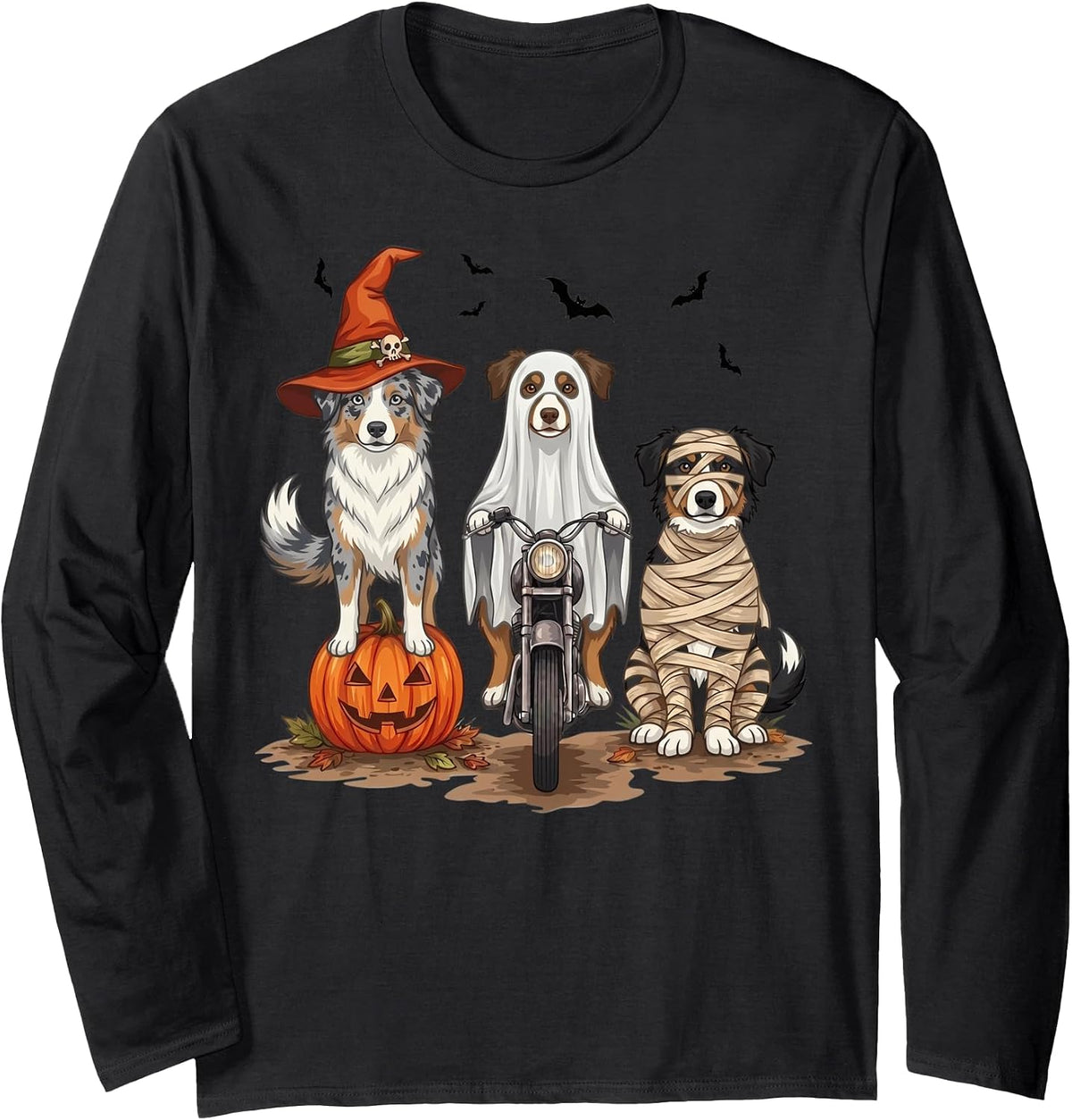 Ghost Miniature American Shepherd Dog Motorcycle Halloween Long Sleeve T-Shirt