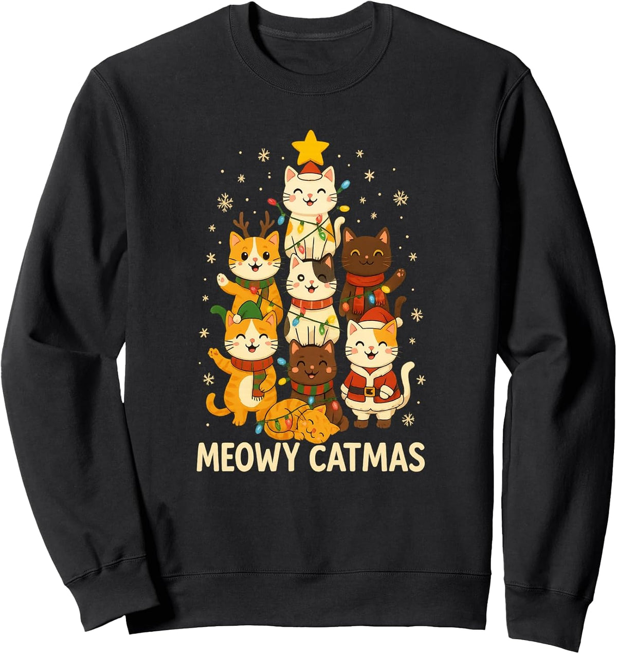 Meowy Catmas Cute Christmas Cat Tree Lights Funny Santa Sweatshirt