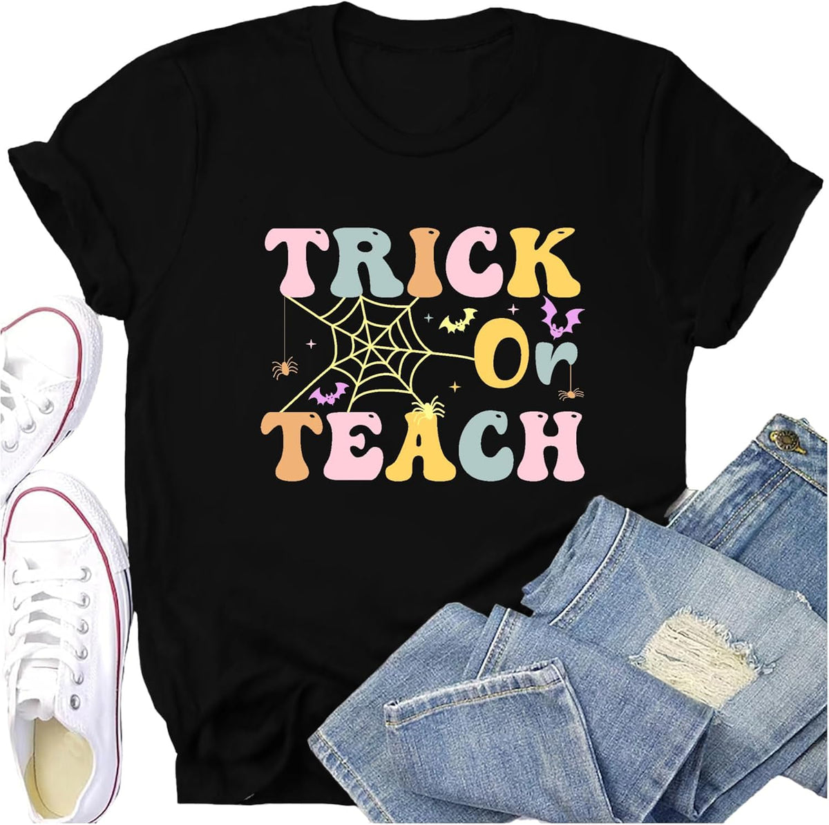 Halloween Teacher Shirts for Women Spiderweb Ghost Bats Tee Trick or Teach Spooky Print Tops