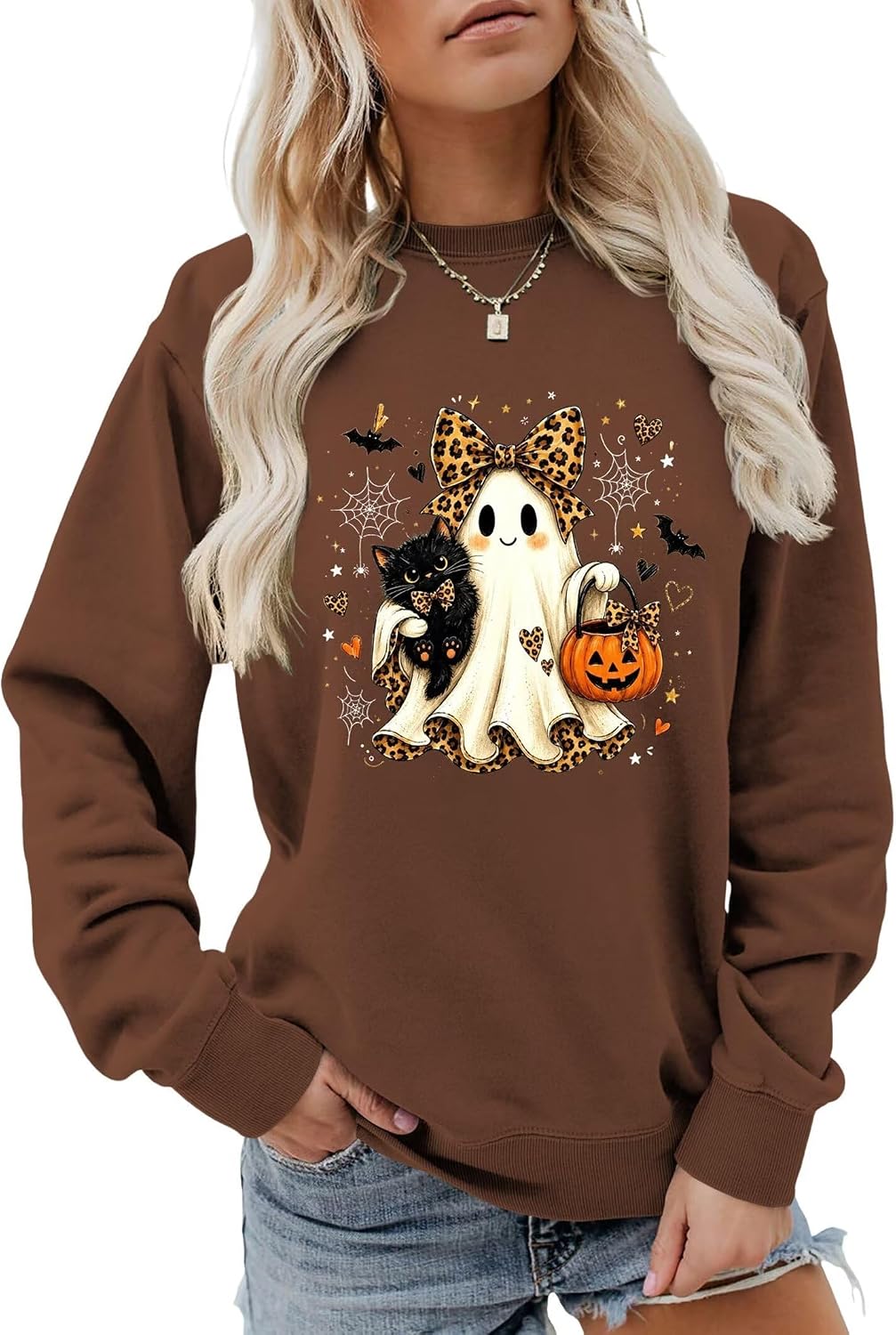 Fall Halloween Ghost Sweatshirt Women Cute Spooky Season GraphicTop