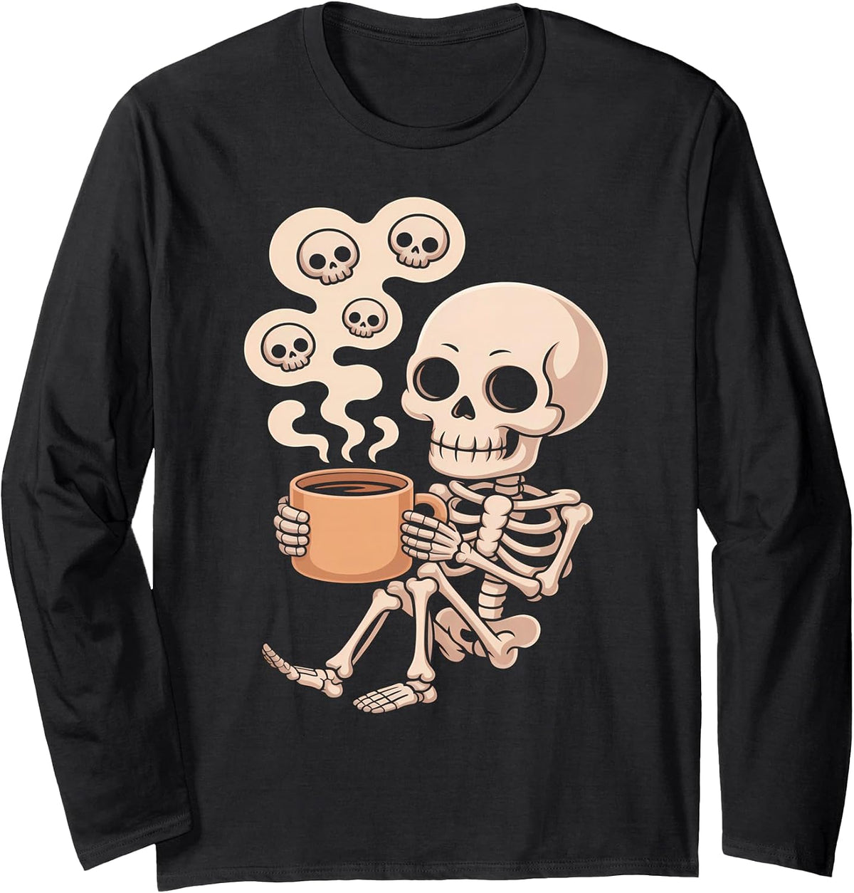 Skeleton Coffee Cup Cute Funny Skull Design Long Sleeve T-Shirt