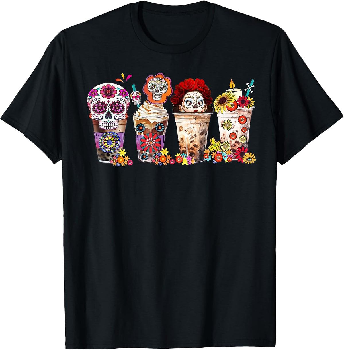 Vintage Halloween Horror Latte Coffee Cups Skull Skeleton T-Shirt