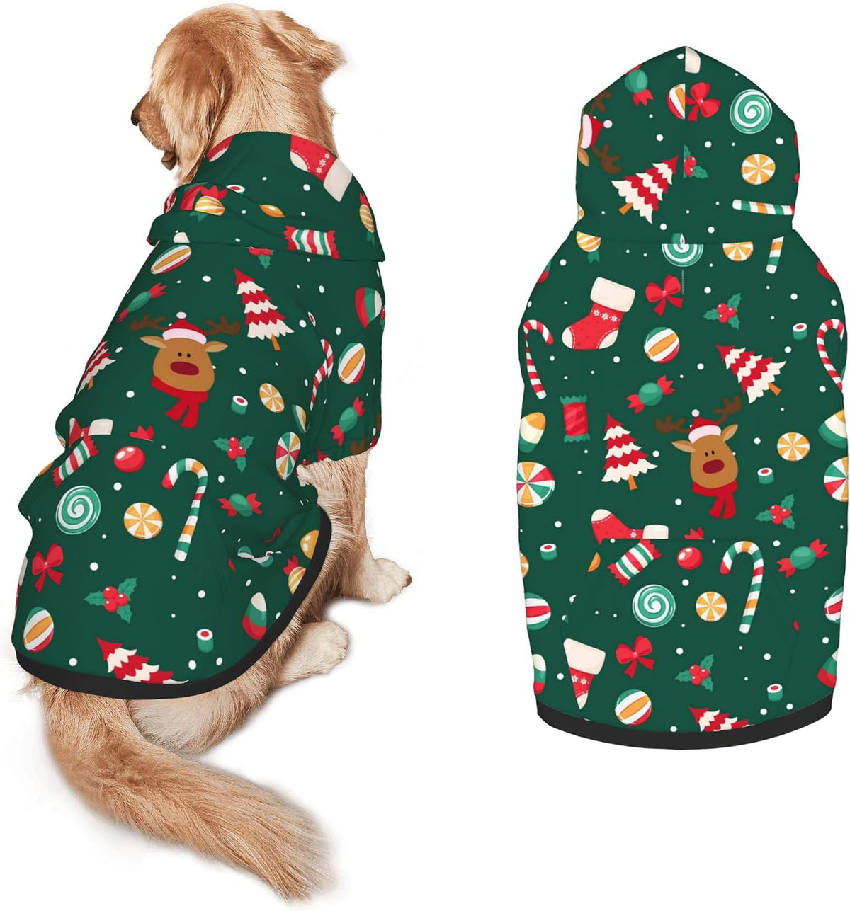 Christmas Dog Costume, Christmas Deer Tree Print Hoodie Winter Christmas Cosplay Clothes Sweaters Outfits Pullover Pets' Sweatshirt Hoodies with Pocket for Medium Large Dogs-XL