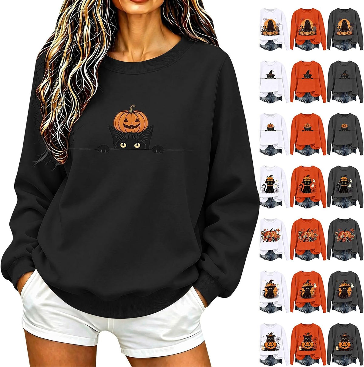 Halloween Pumpkin Cat Sweatshirt Women Spooky Ghost Crewneck Long Sleeve Fall Casual Graphic Holiday Party Pullover