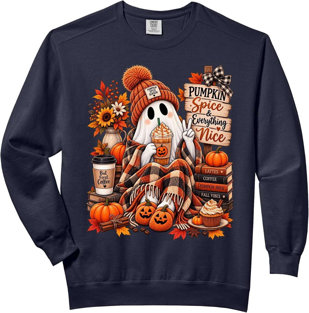 Autumn Pumpkin Spice Coffee Ghost Funny Halloween Comfort Colors Adult Sweatshirt