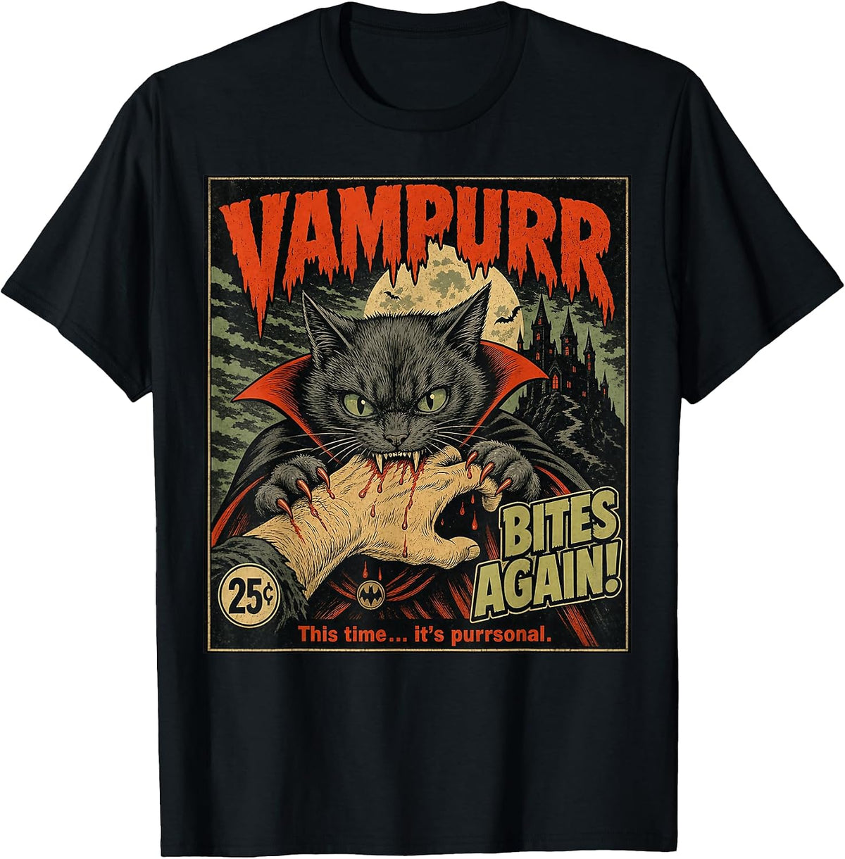 Vampurr Bites Again! Funny Cat Halloween Vintage T-Shirt