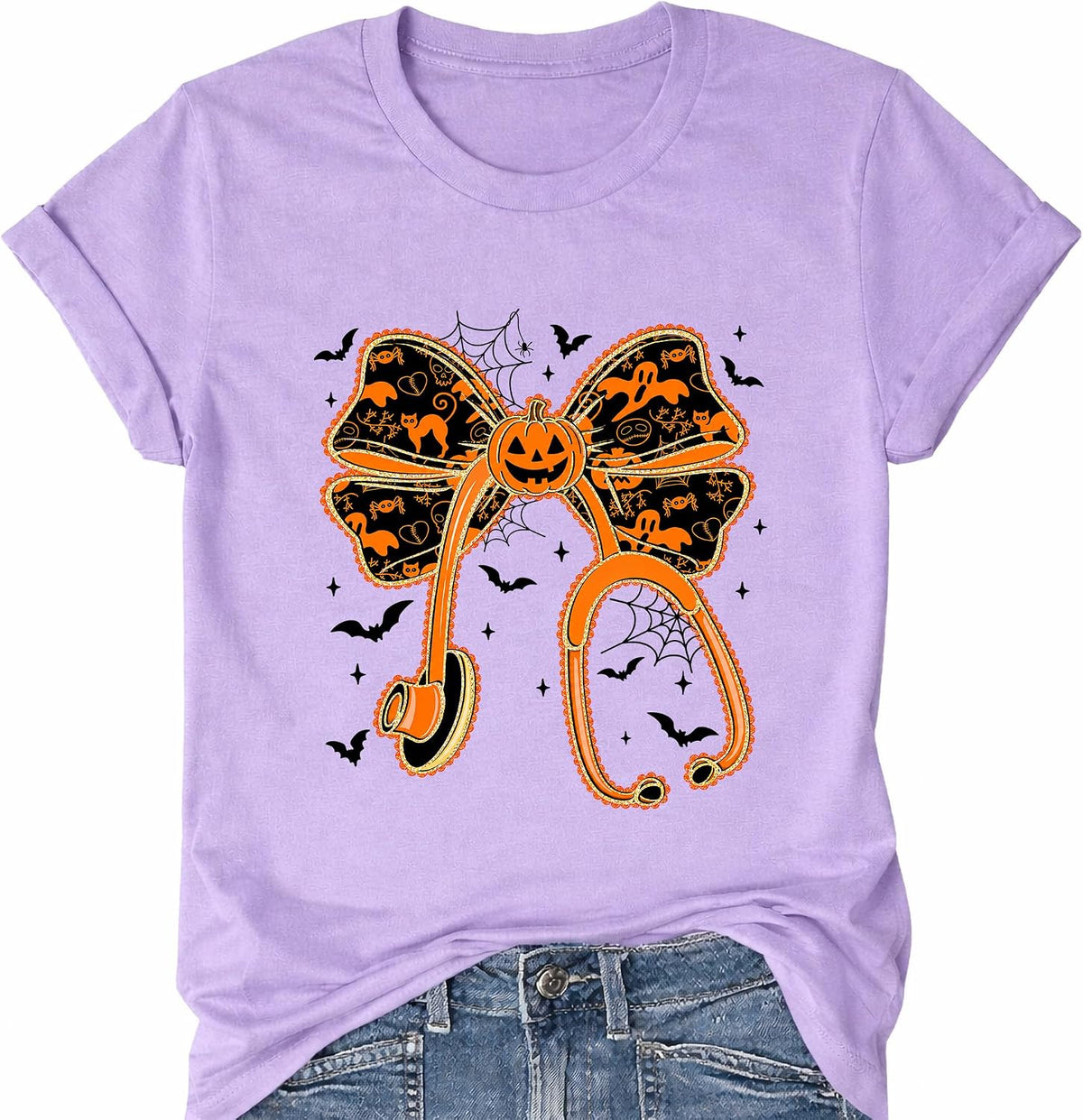 Halloween Nurse Shirt Stethoscope Bow Pumpkin Fall Graphic T-Shirts