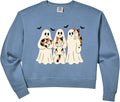 Womens Cute Spooky Season Ghost Holding Calico Cats Funny Halloween Comfort Colors Crop Sweatshirt