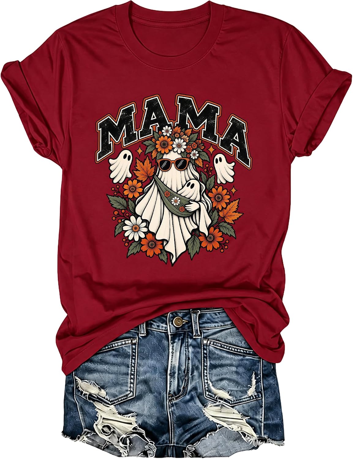 Mama Ghost Halloween Women Shirt Fall Floral Ghost Mama T-Shirt