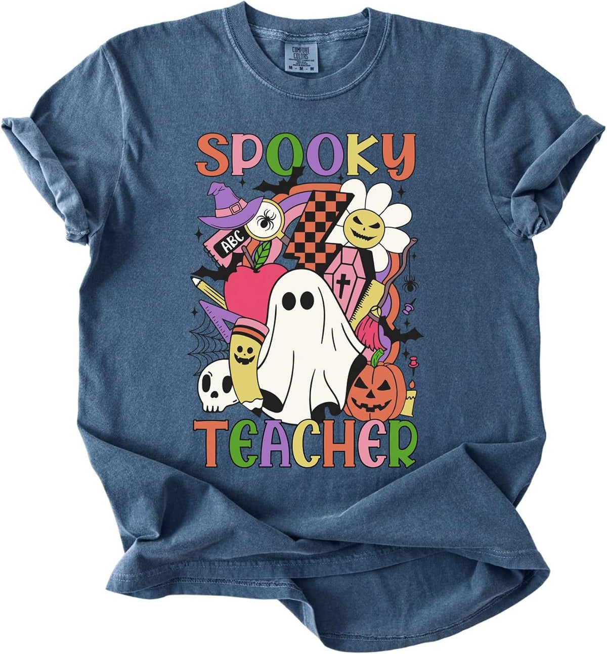Spooky Teacher Shirt Halloween Ghost Pumpkin Graphic Tee Cute Teacher Life Halloween Shirt for Teachers School Staff Fall Costume Top