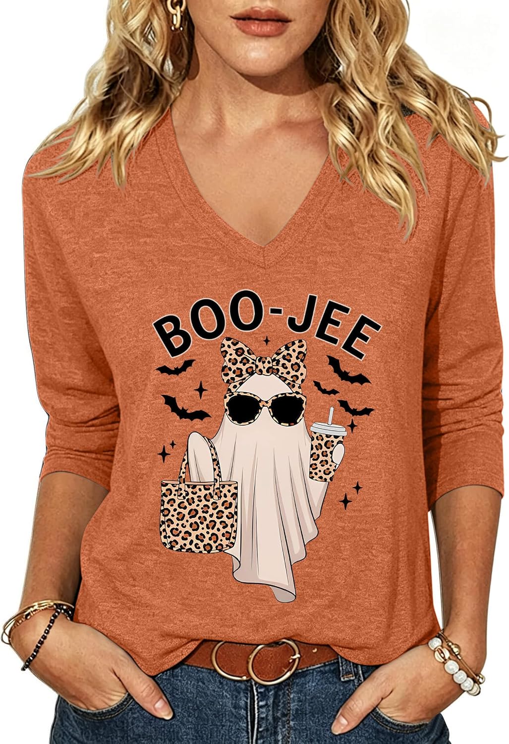 Womens Halloween 3/4 Sleeve Shirts Fall Halloween V Neck Spooky Season Tee