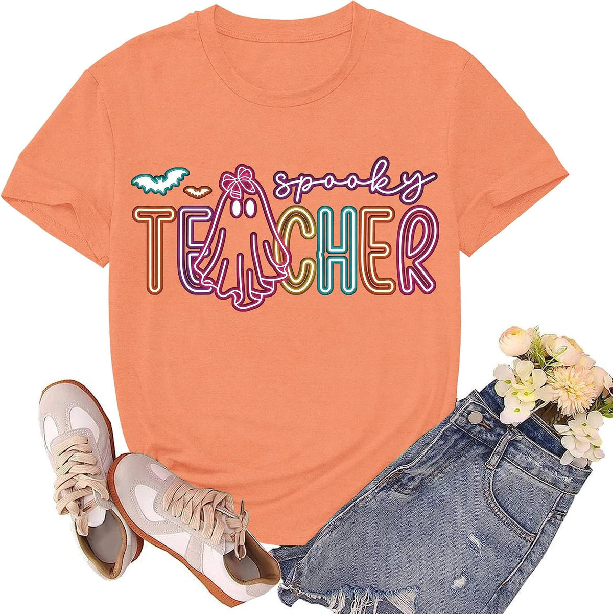 Halloween Teacher Shirts for Women Spooky Teacher T-Shirt Ghost Halloween Party Tee Tops