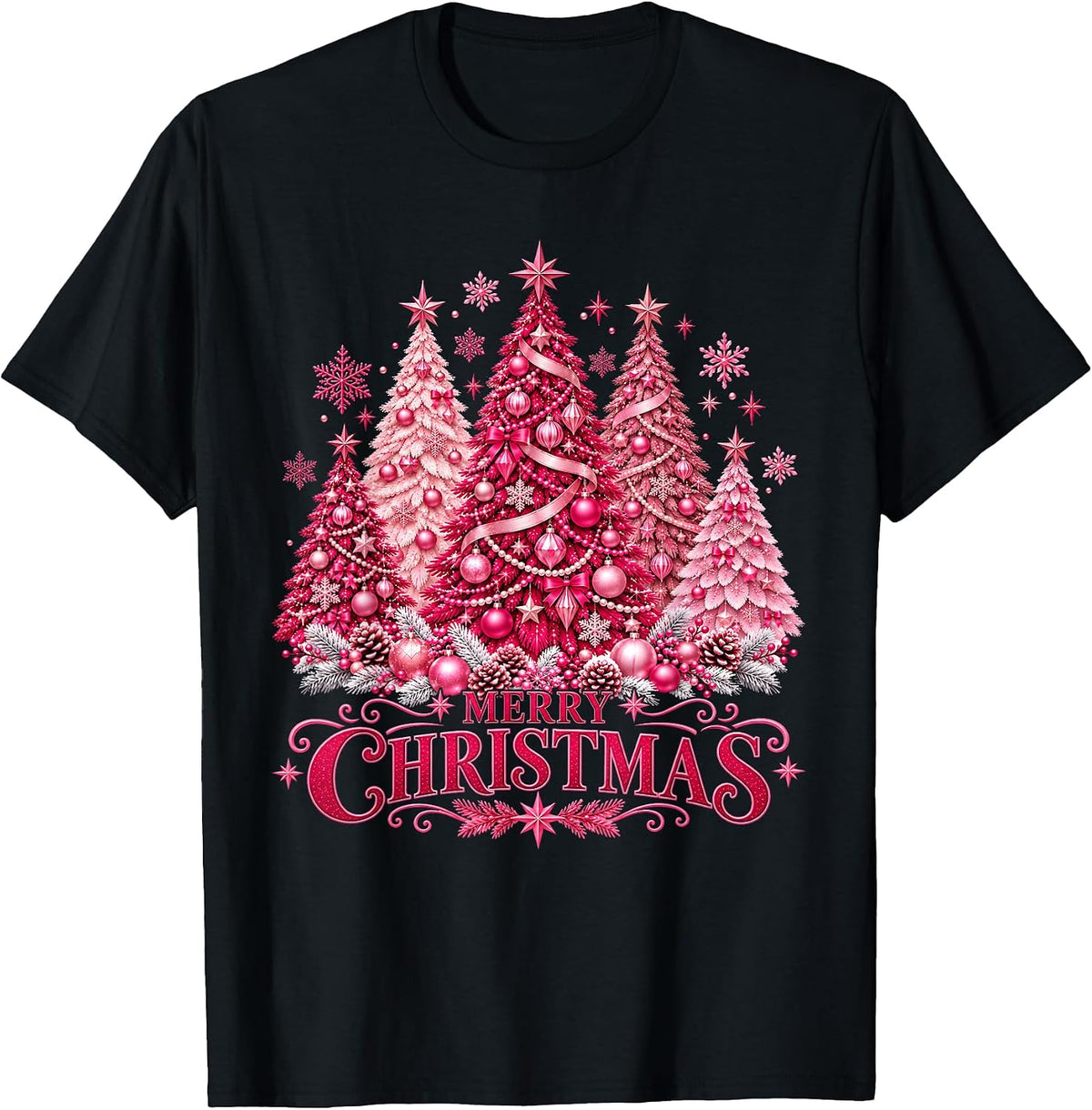 Merry Christmas Pink Tree Coquette Bow Xmas Holiday Womens T-Shirt