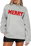 Merry Sweatshirts for Women Christmas Crewneck Fleece Lined Sweaters Chenille Sequin Letter Pullover Winter Tops