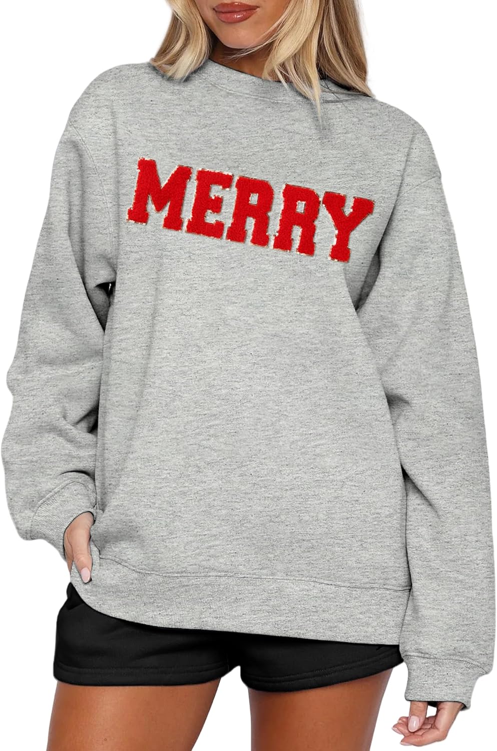 Merry Sweatshirts for Women Christmas Crewneck Fleece Lined Sweaters Chenille Sequin Letter Pullover Winter Tops