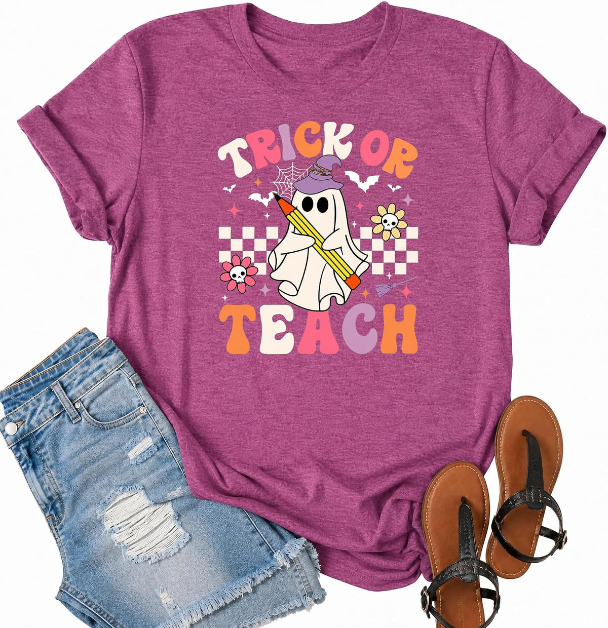 Halloween Teacher Shirts for Women : Trick or Teach Tshirts Ghost Tee Tops