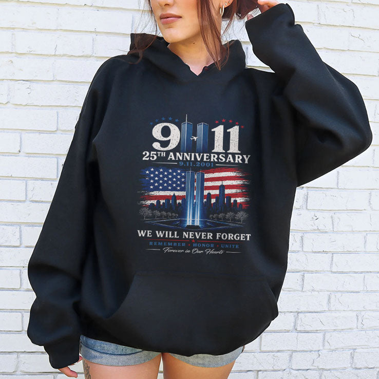 9-11 We Will Never Forget 25th Anniversary Twin Towers T Shirt Unisex