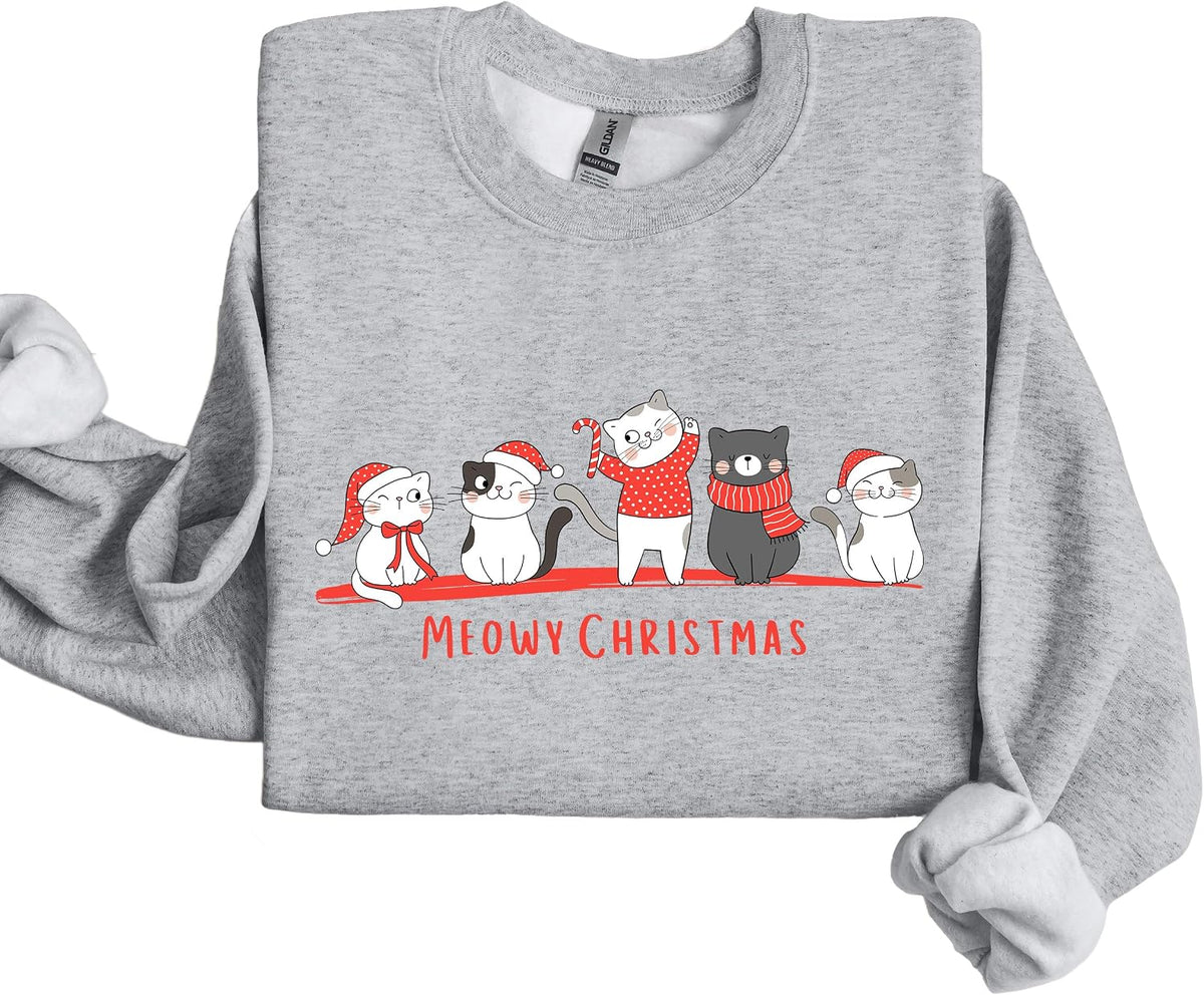 Meowy Christmas Sweatshirt, Funny Cat Lover Holiday Crewneck, Christmas Kittens Cute Sweater, Gift for Cat Mama Grey