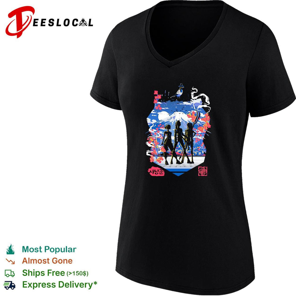 Anime squad silhouette Mount Fuji cherry blossom moonlight graphic shirt Unisex
