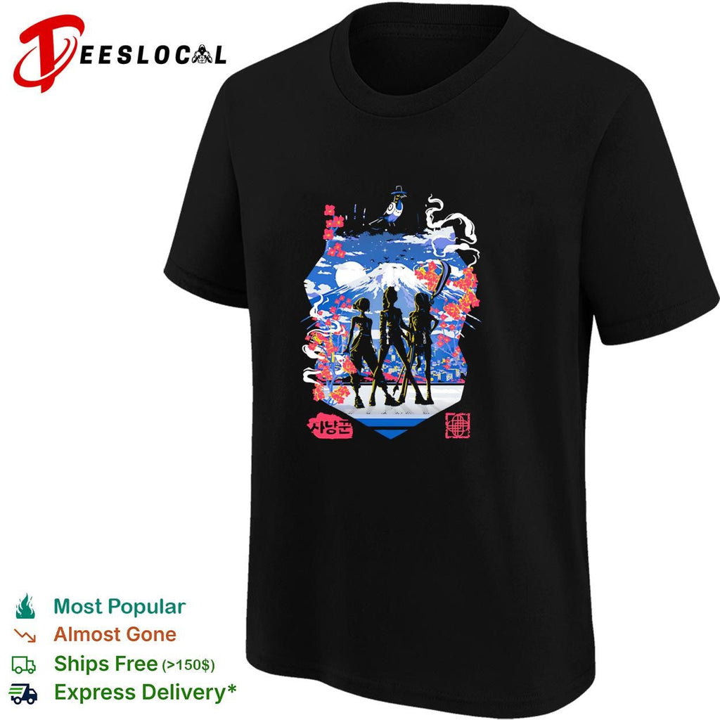 Anime squad silhouette Mount Fuji cherry blossom moonlight graphic shirt Unisex