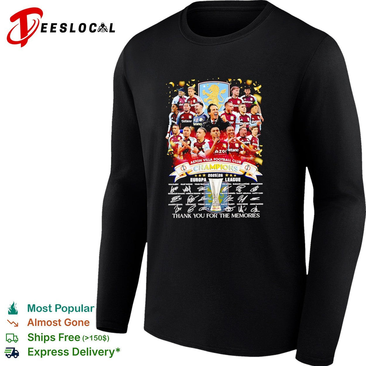 Aston Villa Unai Emery Ollie Watkins 2026 Europa League Champions team shirt Unisex