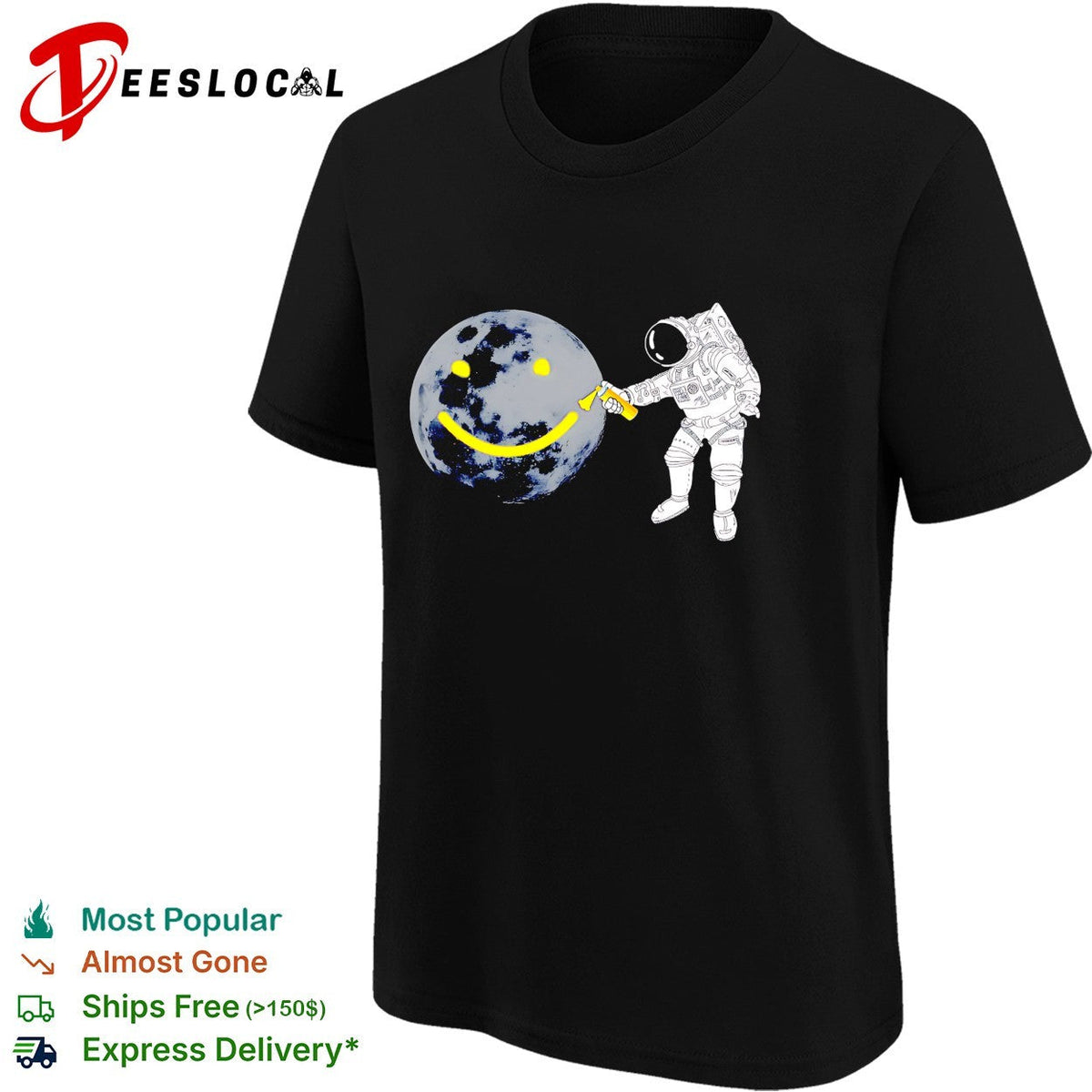 Astronaut spray painting smiley face on moon shirt Unisex