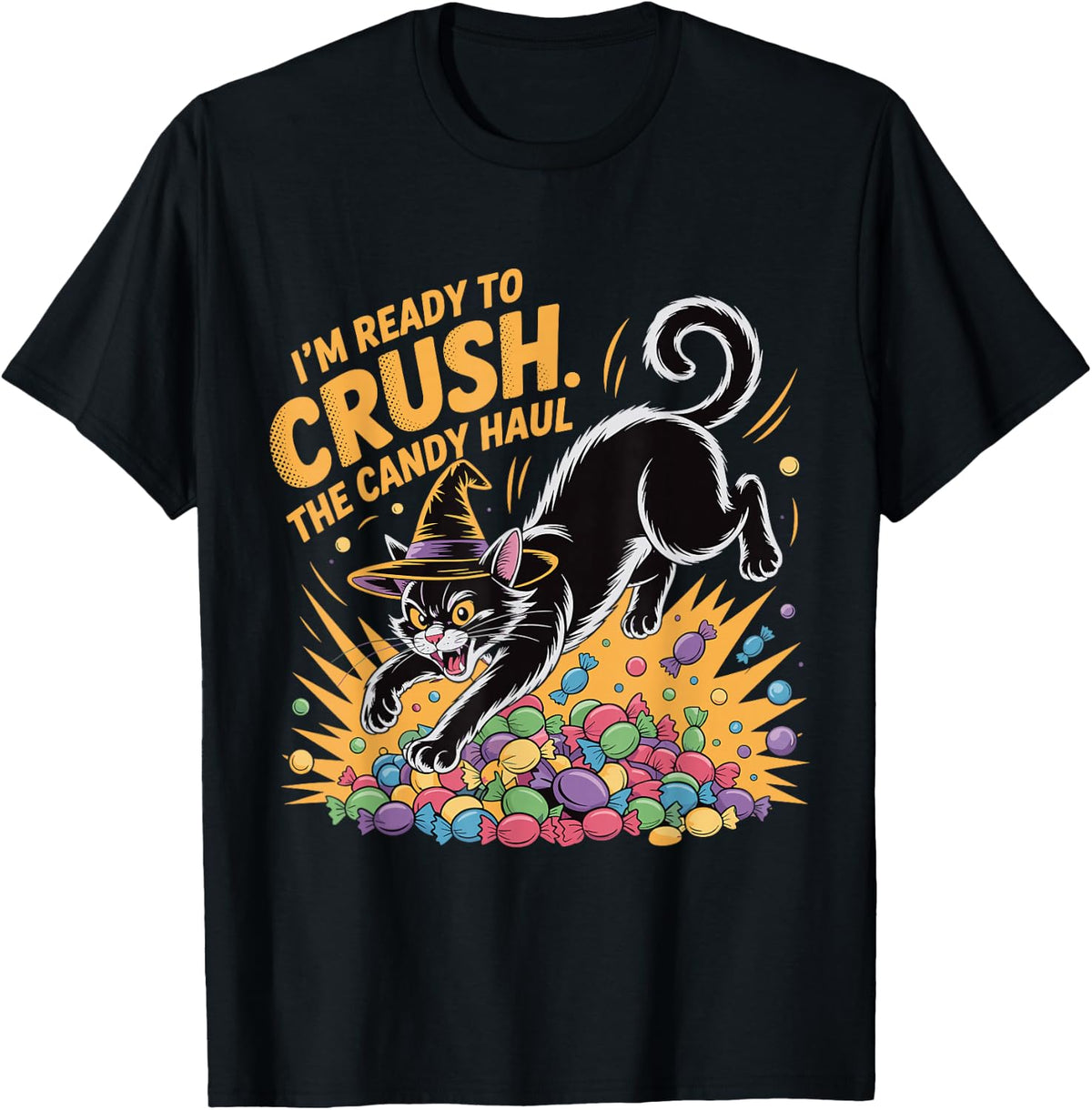 Crush The Candy Haul Funny Halloween Black Cat T-Shirt