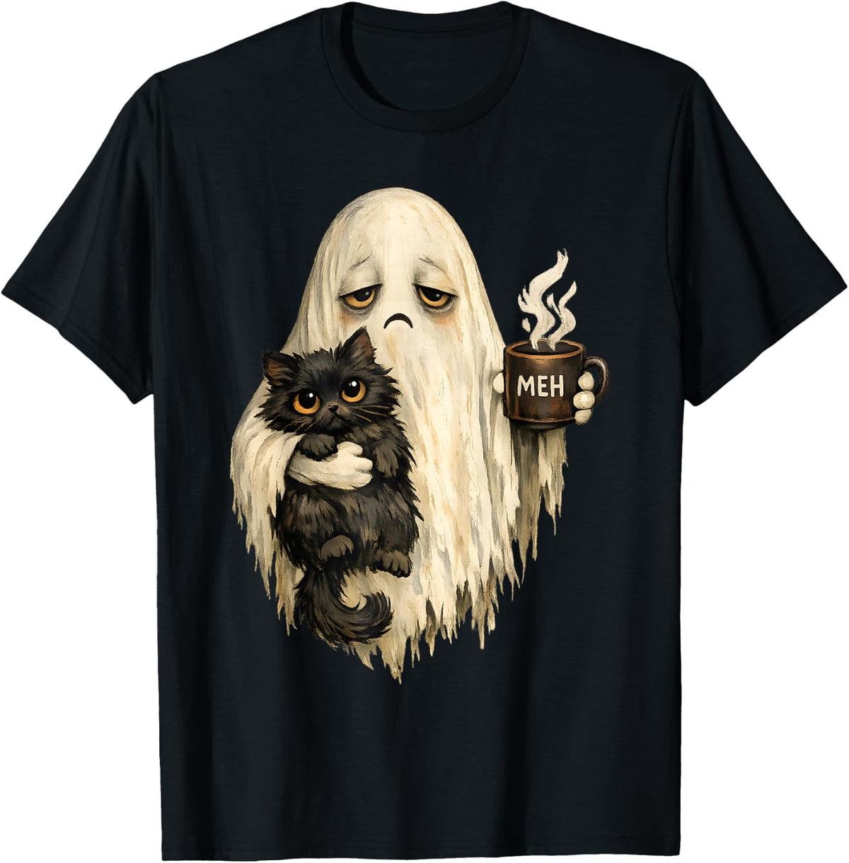Meh Ghost Holding Black Cat Coffee Vintage Halloween Spooky T-Shirt