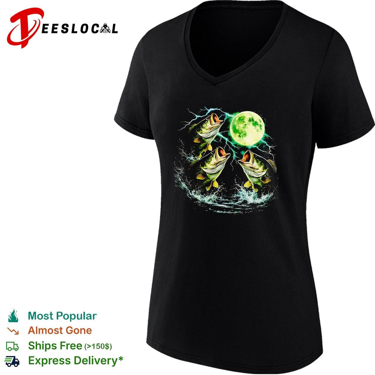 Bass jumping moonlit night full moon wildlife nature graphic shirt Unisex
