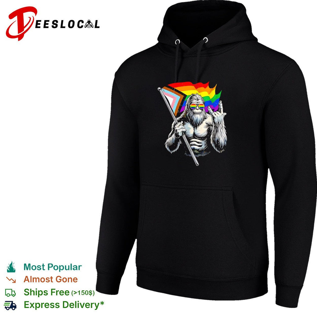 Bigfoot holding Progress Pride flag middle finger LGBTQ art shirt Unisex