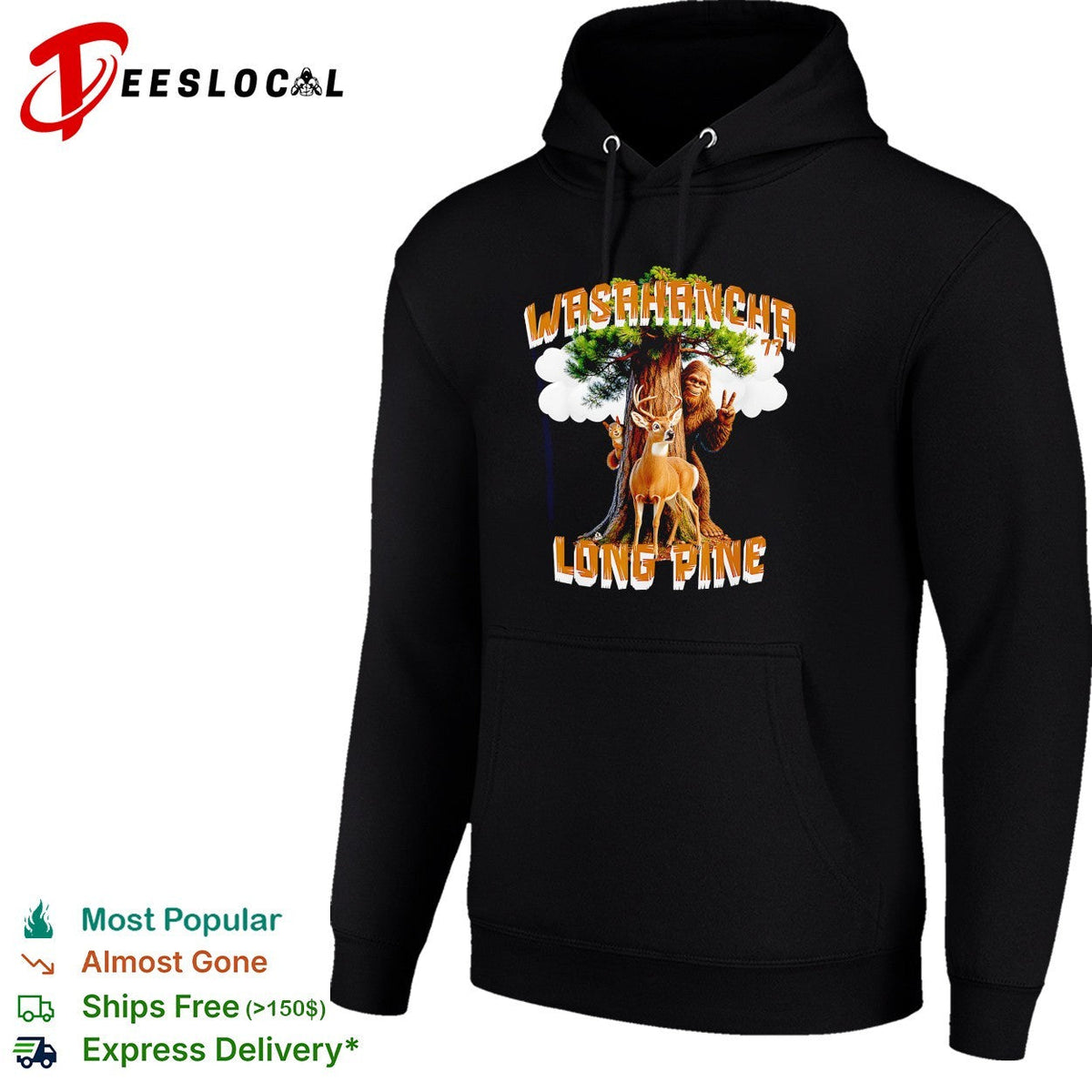 Bigfoot raising peace sign Washaancha 77 Long Pine deer shirt Unisex