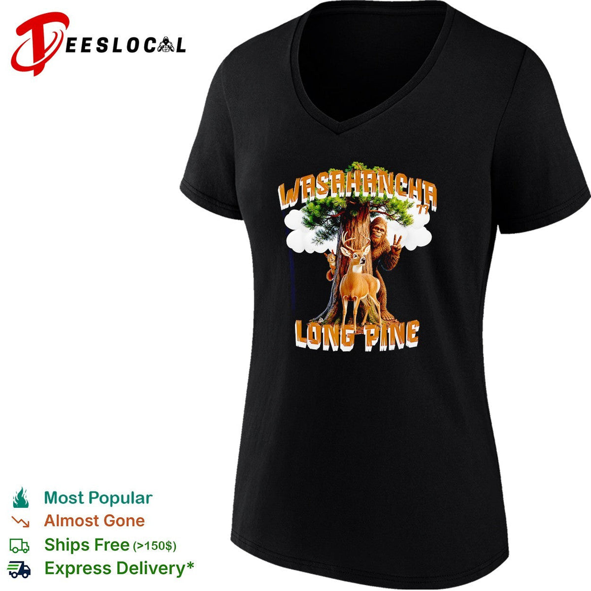Bigfoot raising peace sign Washaancha 77 Long Pine deer shirt Unisex