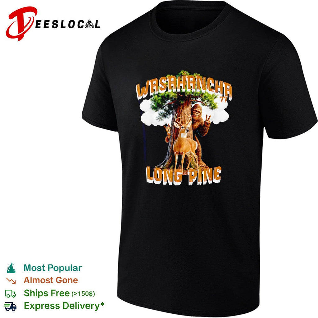 Bigfoot raising peace sign Washaancha 77 Long Pine deer shirt Unisex