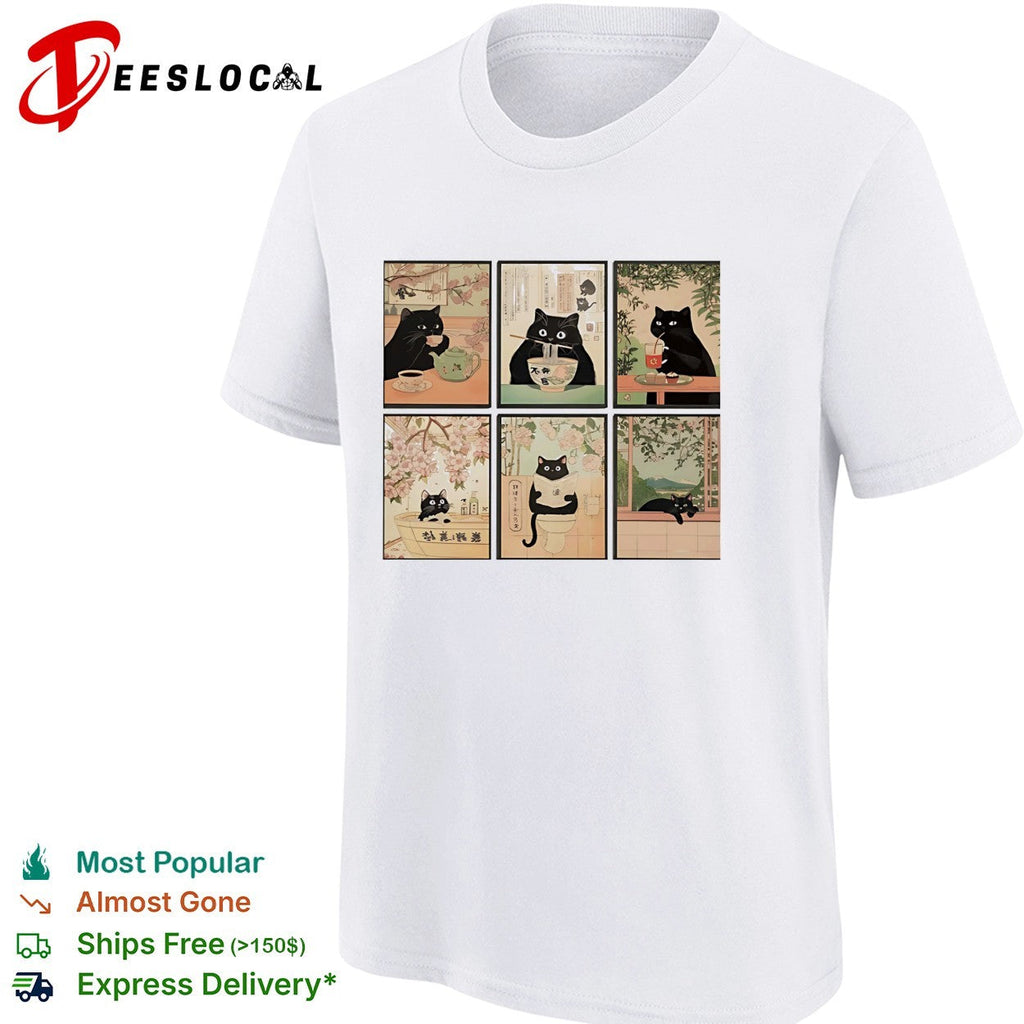 Black cats Japanese ukiyo-e art style six panel collage shirt Unisex